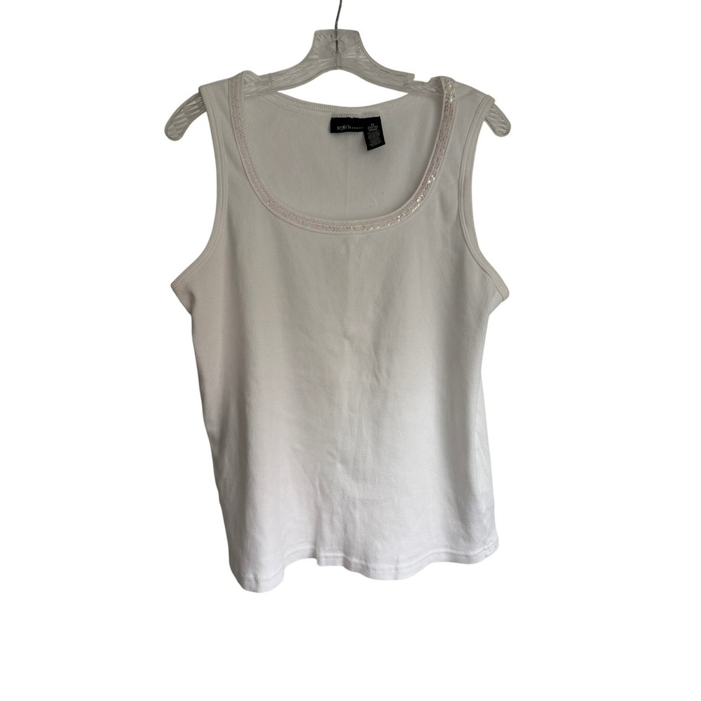 Mixit Woman White Ribbed Sequin Trim Scoop Neck Cotton Tank Top 2X